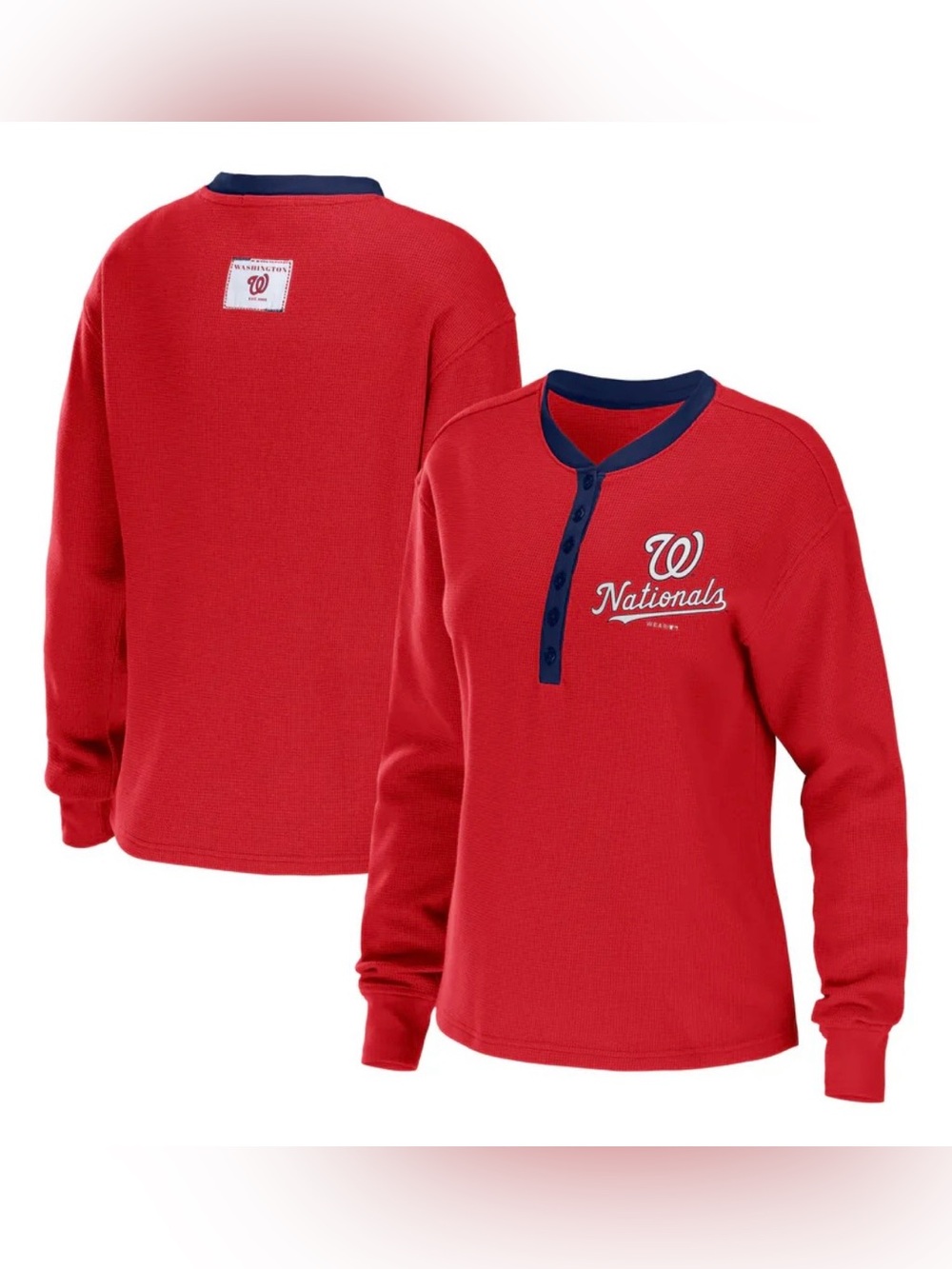 Washington Nationals WEAR by Erin Andrews Women's Waffle Henley Long Sleeve Tee